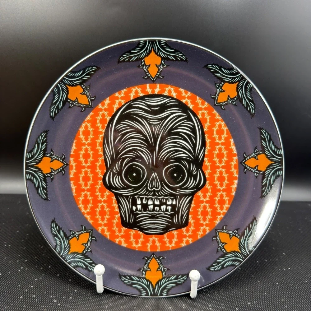 Crate & Barrel Patch NYC Halloween Plates Set 4 Skull Cat Bat Raven 8